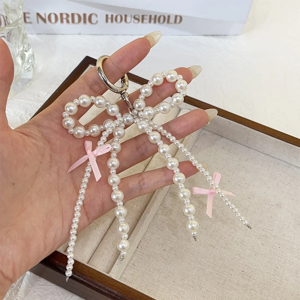 Colgante con dije para teléfono Y2K, bonito llavero Kawaii con lazo rosa, bolso, correa para teléfono, llavero con cordón para teléfono móvil para niña, joyería de cumpleaños DIY