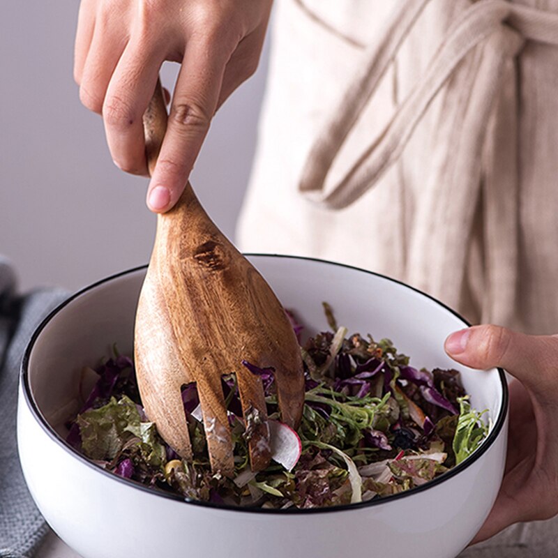 2Pcs Salad Serving Spoons Salad Server Mixer Large Wood Spoon Fork Set Kitchen Wood Utensils Cooking Spoons Cutlery Salad Tools