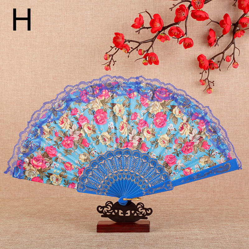 Vintage Flower Pattern Folding Fans Bronzing Wood Silk Plastic Hand Fans With Lace Ribbon Edge Dance Wedding Party Prop: H
