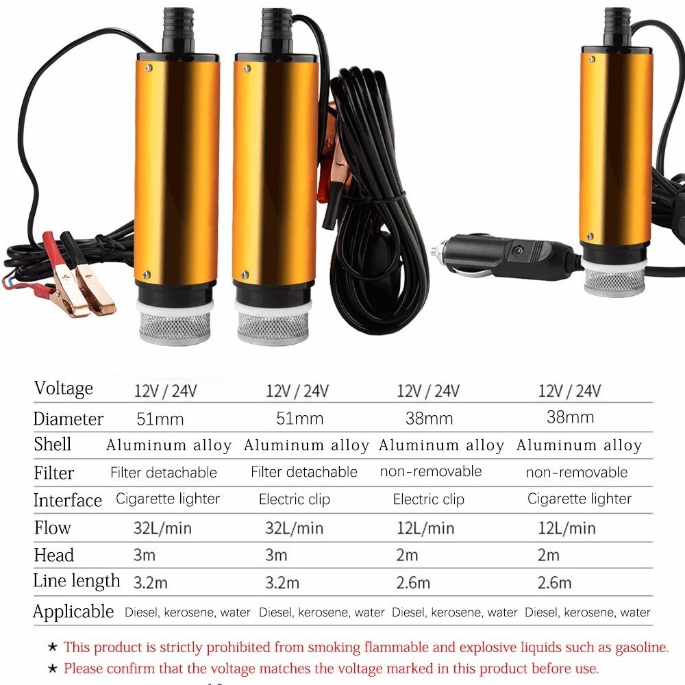 Dc12v 30l/ min, dykbar elektrisk oliepumpe i aluminiumslegering til diesel/olie/vand/brændstofoverførsel, med kontakt med cigarettænder