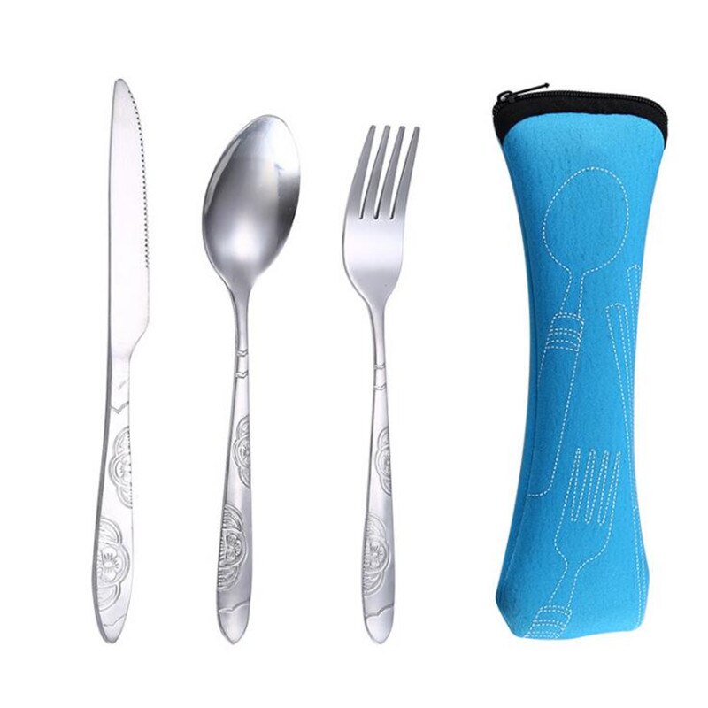 4PCS Stainless Steel Western Steak Cutlery Cloth Bag Tableware Set Portable Western Dinnerware Set Travel Tableware: Blue