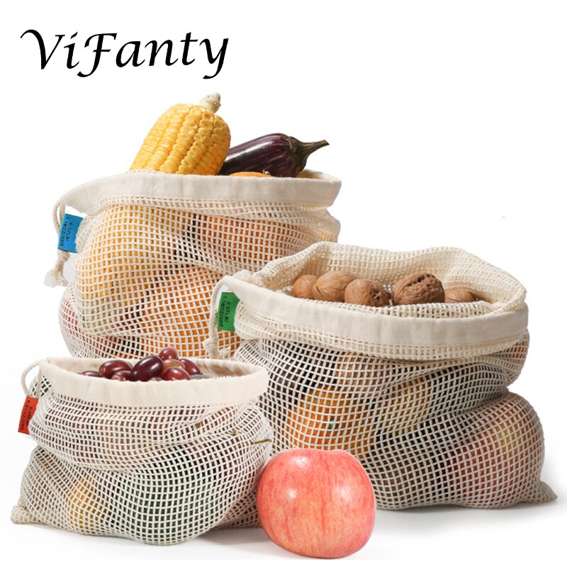 3 Pack Eco Friendly Reusable Produce Bags Net Zero Waste, Organic Cotton Mesh Produce Vegetable Bag Washable with Drawstring: Default Title