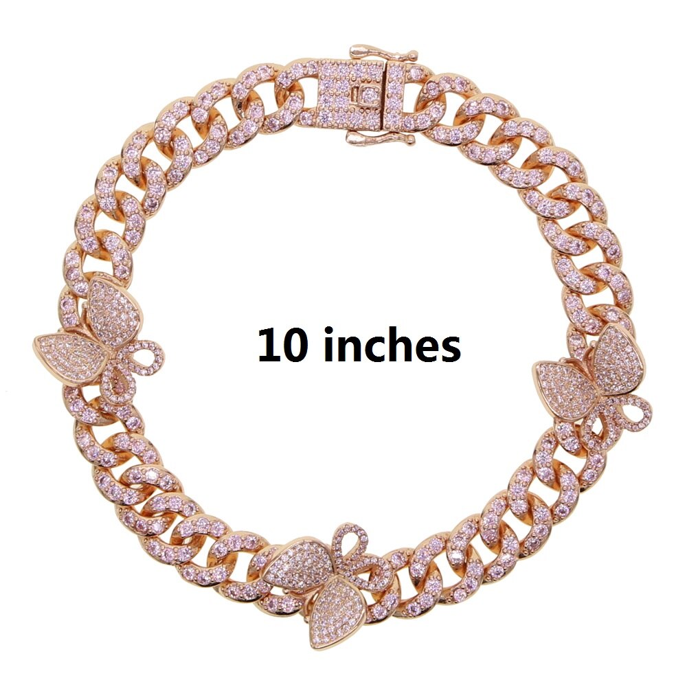 sommer neue Tennis Rosa Fußkettchen Kette Schmuck charmant kubanisch Verknüpfung Strass Mini cz gepflasterte Schmetterling Fußkettchen: Rose Gold Rosa 25CM