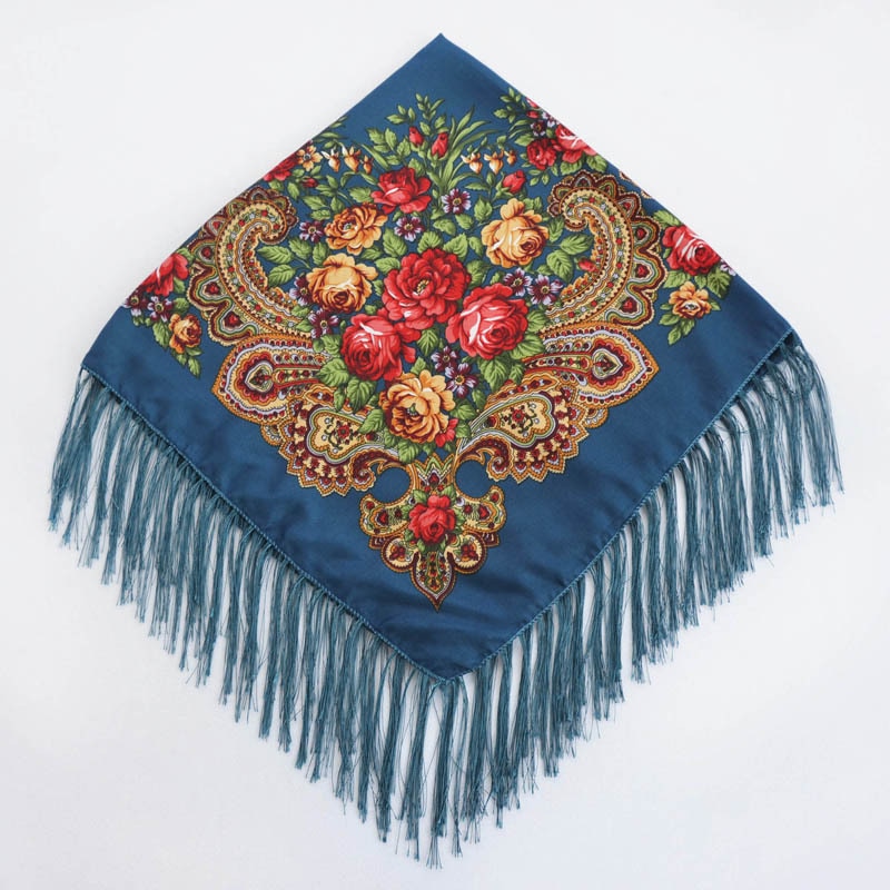 Chal de estilo ruso Pavlovo Posad, chal Vintage con estampado Floral, hiyab, bufanda con borlas, 35*35 '',: teal blue