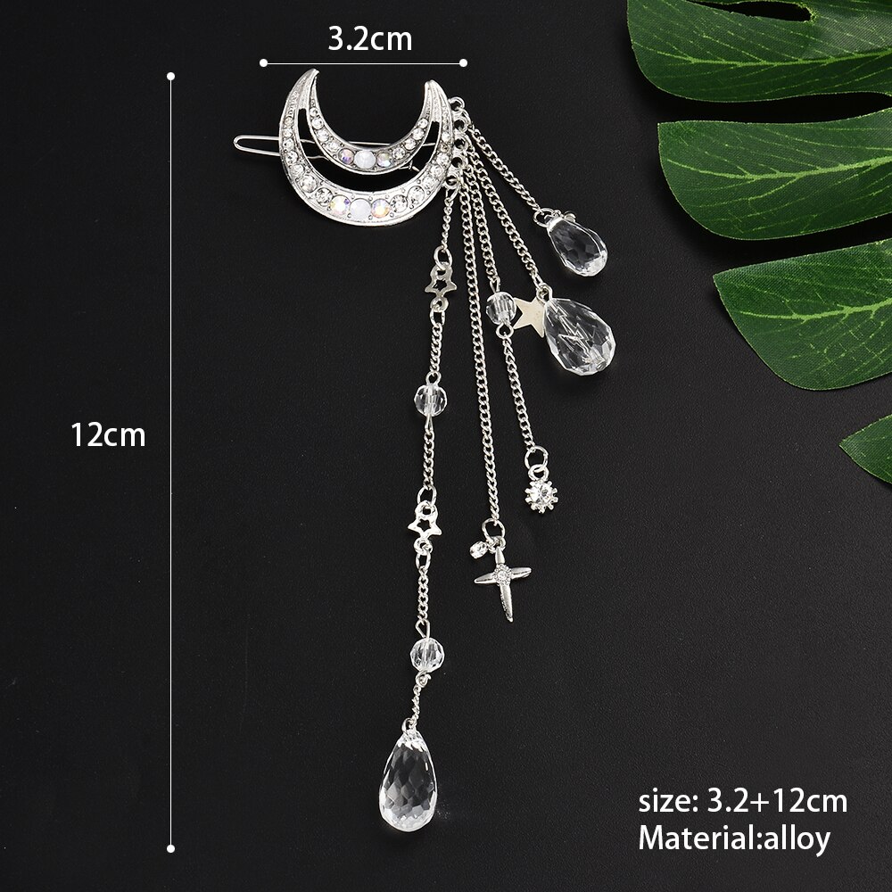 Elegante Frauen Dame Mond Strass Kristall Quaste Lange Kette Perlen Baumeln Haarnadel Haar Clip Haar Schmuck