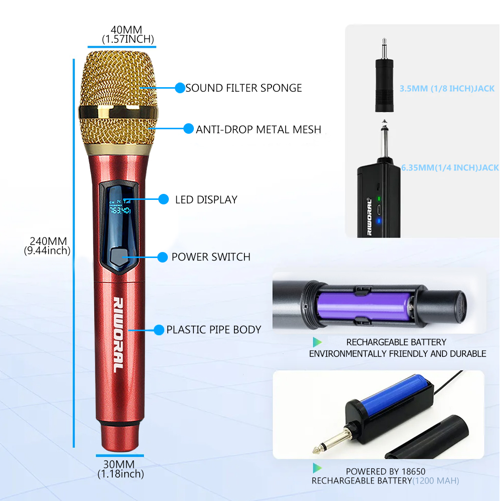 Draadloze microfoon 2-kanaals UHF draagbare karaokemicrofoon voor Party Karaoke Church Show
