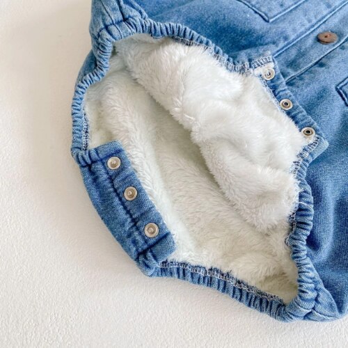 Outono do bebê macacões da criança menina menino plus velo de manga comprida denim macacão inverno uma peça macacão