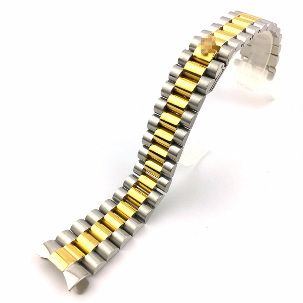 20mm Gold Nahen Gold Silber Uhr Band Gurt Solide Edelstahl gebogen Ende Präsident stil Armbinde Armbinde Gürtel Armbinde