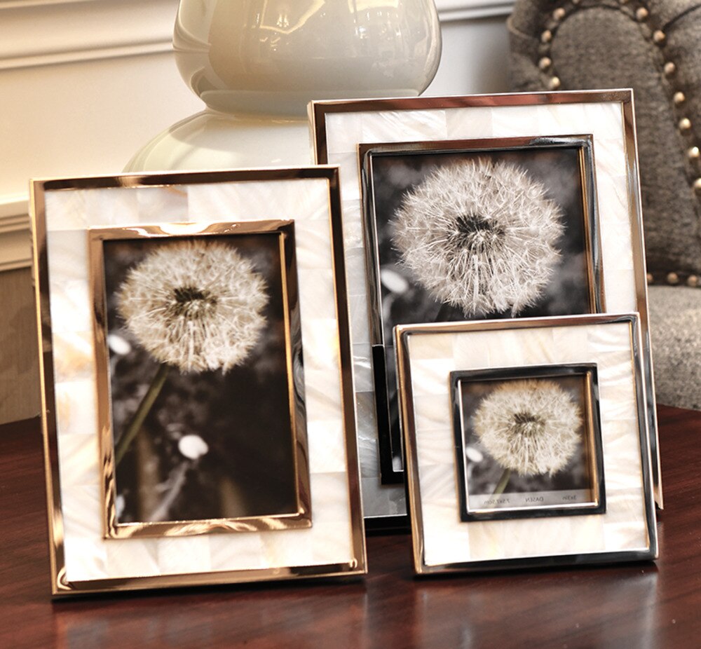 Golden Alloy Photo Frame Natural Shell Material Framed Family Portrait Nightstand Desk Decoration 4/6/7 Inch Picture Frames