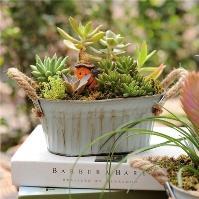 2 stk rustikk tinn blomsterpotte bryllup hage dekorasjon bøtte vintage metall kunstig blomsterplante saftig fatpotte rund oval