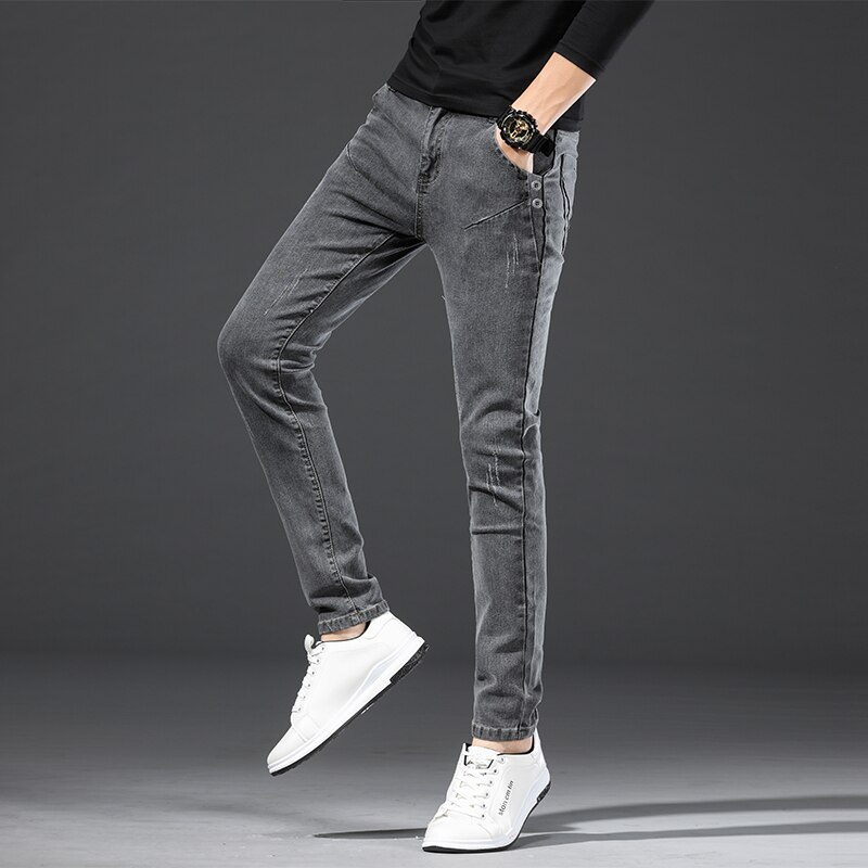 Men Streetwear Vintage gray Slim fit Jeans Trousers Male Simple Style Cotton Casual Straight Denim pants