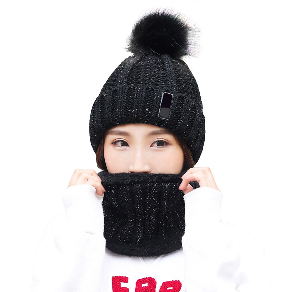 Set Cappello Sciarpa - Set 2 Pezzi Berretto Lana Lavorata a Maglia con Pompon - Fodera in Pile per Attività all'Aperto: Nero