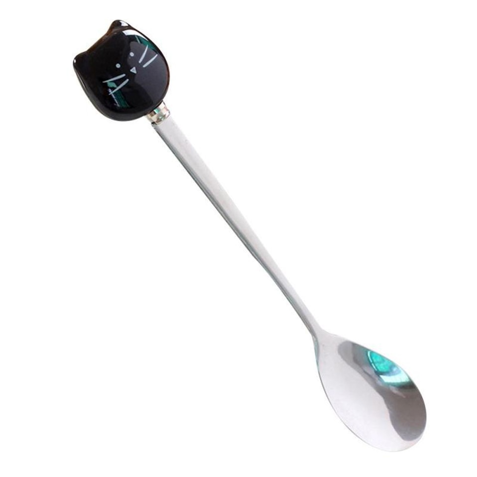 Gato de dibujos animados de acero inoxidable cuchara agitadora larga Tenedor de fruta café cuchara de acero inoxidable con mango de gato lindo de cerámica