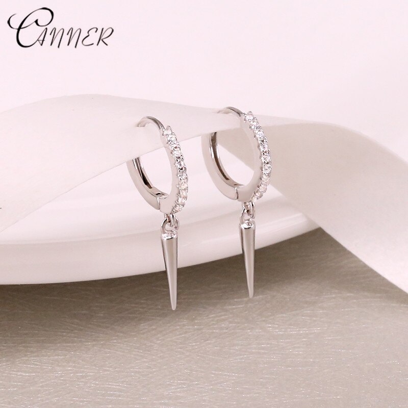 CANNER Punk Style Women's Earrings 100% 925 Sterling Silver Rivet Pendant Hoop Earrings for Women Single Row Crystal Earrings