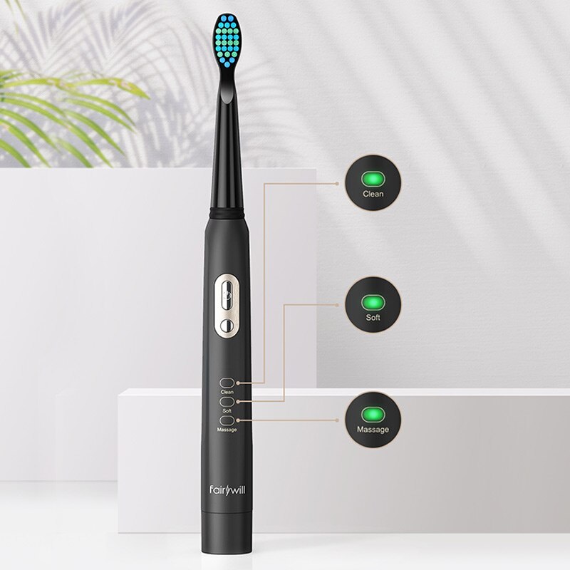 Fairywill-cepillo de dientes eléctrico sónico para adultos, cepillo de dientes blanqueador con temporizador inteligente, resistente al agua IPX7, 2 cabezales reemplazables, batería AAA