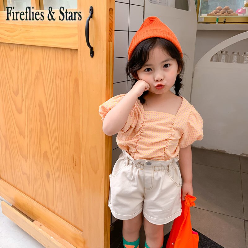 Zomermeisjes blouse baby shirt kinder topjes kinderkleding paars geruit geplooid gerimpeld pofmouw 1 to 9 jaar