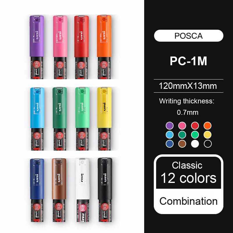 UNI POSCA Series PC-1M / PC-3M / PC-5M POP POP Poster Advertising Pen Hand-Painted Comic Drawing Round Head Water-Based: PC-1M 12colors