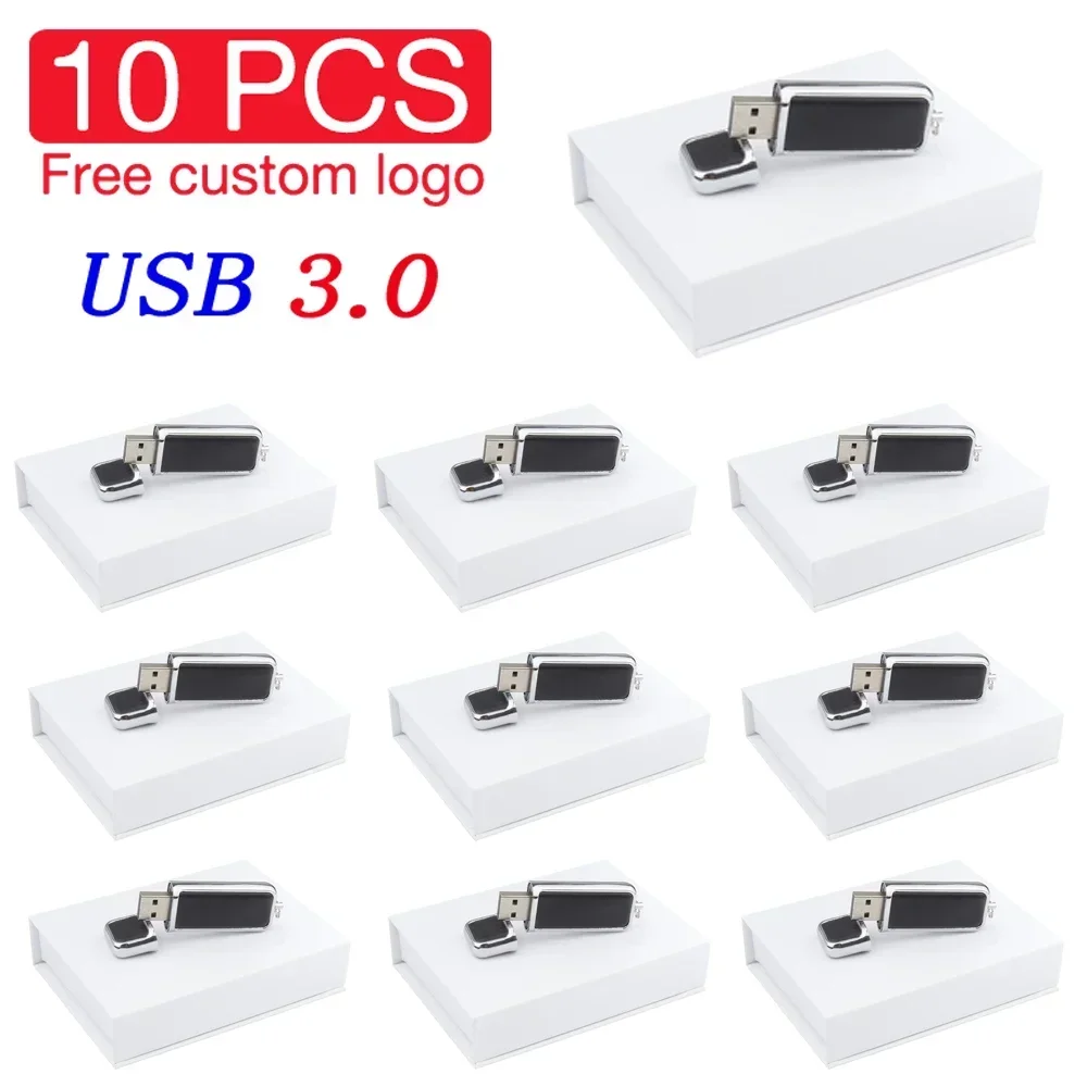 Unidad Flash USB 3,0 de cuero de alta velocidad, 128GB, 64GB, logotipo impreso personalizado gratis, memoria Flash, caja de de cumpleaños, 10 Uds.