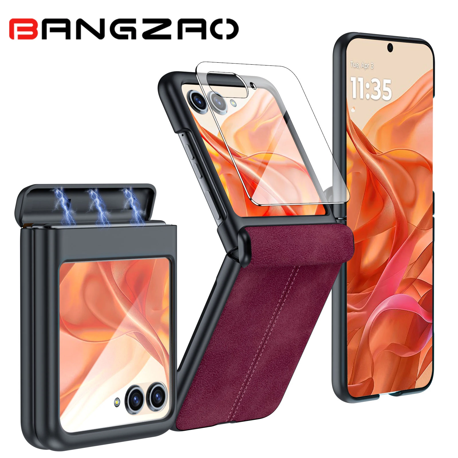Leren hoesje voor Motorola Razr 50 / 60 / 70 met scharnierbescherming, ingebouwde schermbeschermer, slanke schokbestendige hoes - Rood