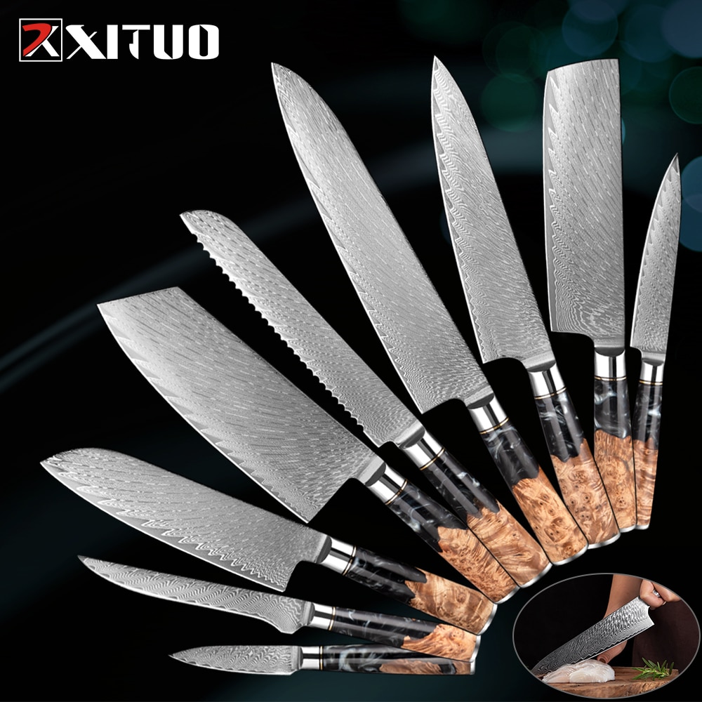 XITUO – ensemble de couteaux de cuisine en acier damas, couteau de chef japonais, couperet à pain utilitaire en résine et manche en bois stabilisé