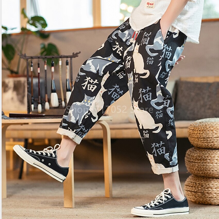 Mænd japansk vintage stil dejligt print kimono kat bukser samurai haori haram bukser harajuku asiatisk tøj yukata