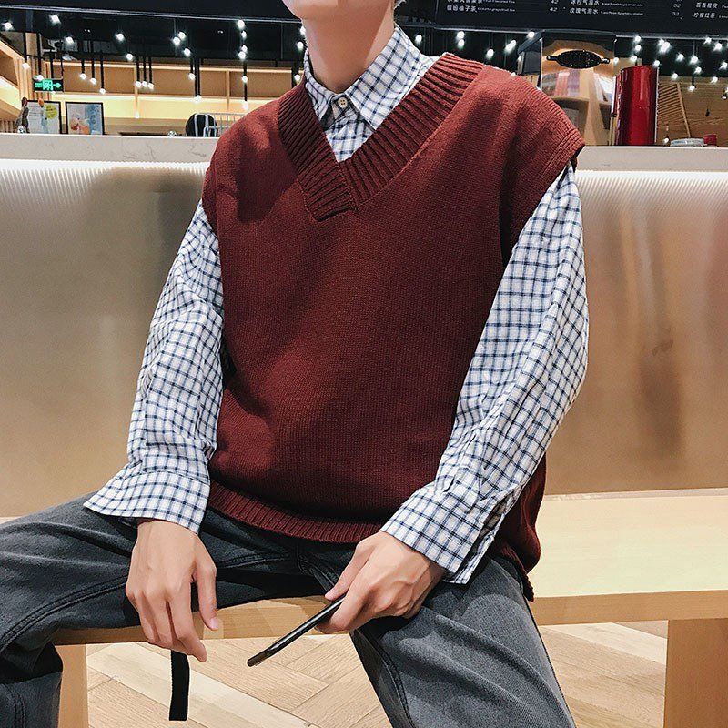 Sweater Vest Men V-neck Sleeveless Solid Simple All-match Leisure Mens Knitted Vests 2XL Oversize Chic Preppy Style Daily: red / XXL