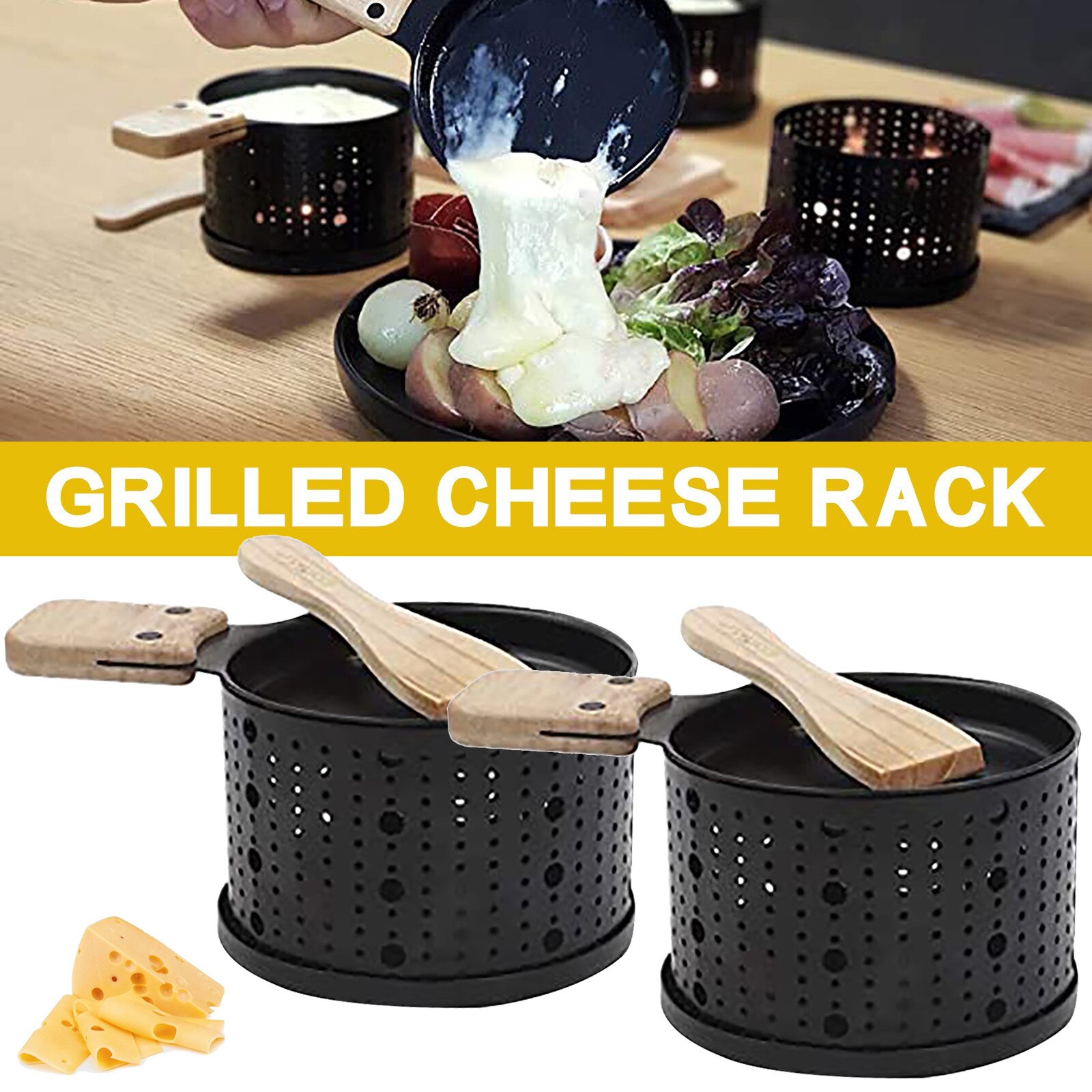 2pc Portable Non-Stick Metal Cheese Raclette Candle Slow Oven Grill Plate Rotaster Tray Stove Set Home Kitchen Baking Tool