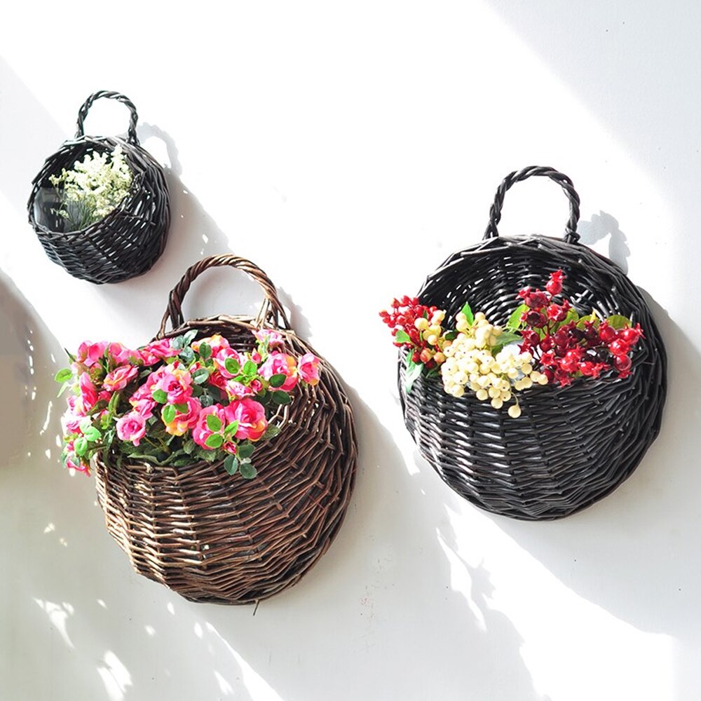 Cesta de mimbre Natural para colgar en la pared, maceta para flores, cesta de ratán, contenedor de almacenamiento para decoración del hogar y jardín