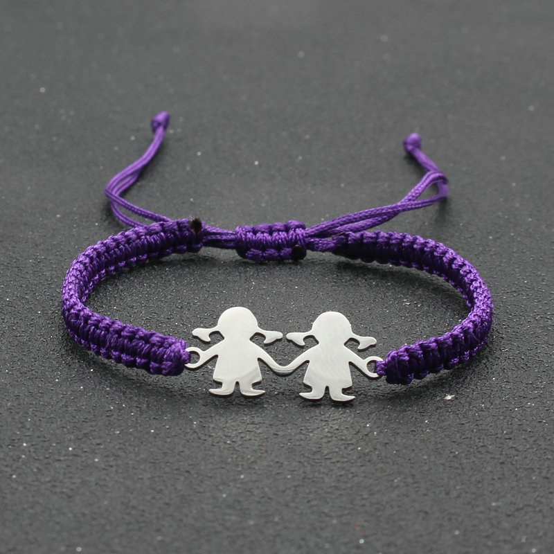 Stal nierdzewna śliczne Twin Little Girl Charm bransoletka czarna lina pleciona regulowane bransoletki dla kobiet biżuteria Mujer Pulsera: Purple