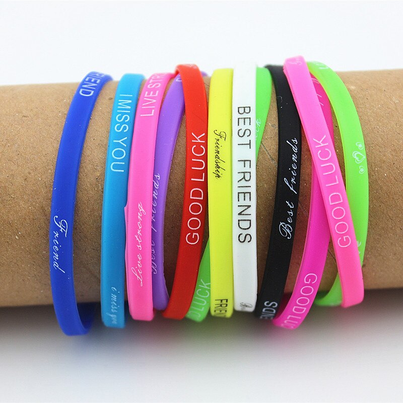 Pulsera de silicona con estampado de letras de colores variados para hombre y mujer, brazalete de Amistad de goma elástica de 5mm, joyería para hombre y mujer MB192, 20 Uds.: Solid colors random