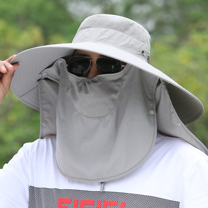 14CM Big Brim Hat Men and Women Removable Mask Fisherman Hats Sun Hat Bucket Hat Visors Sunscreen Fishing Cap Mountaineering Hat: Gray