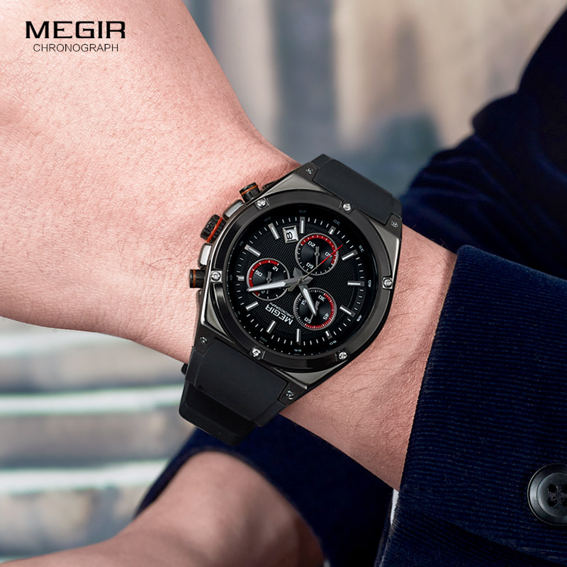 Megir Mannen Zwarte Siliconen Sport Quartz Horloges Lichtgevende Relojios Relojes Waterdicht Chronograaf Klok Montres Q2073G-BK-1