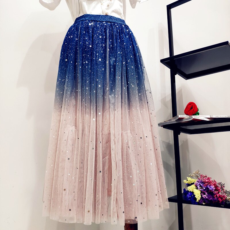 Falda de tul de Color degradado para mujer, falda larga plisada de cintura alta, línea A, falda rosa de tutú,: Powder blue