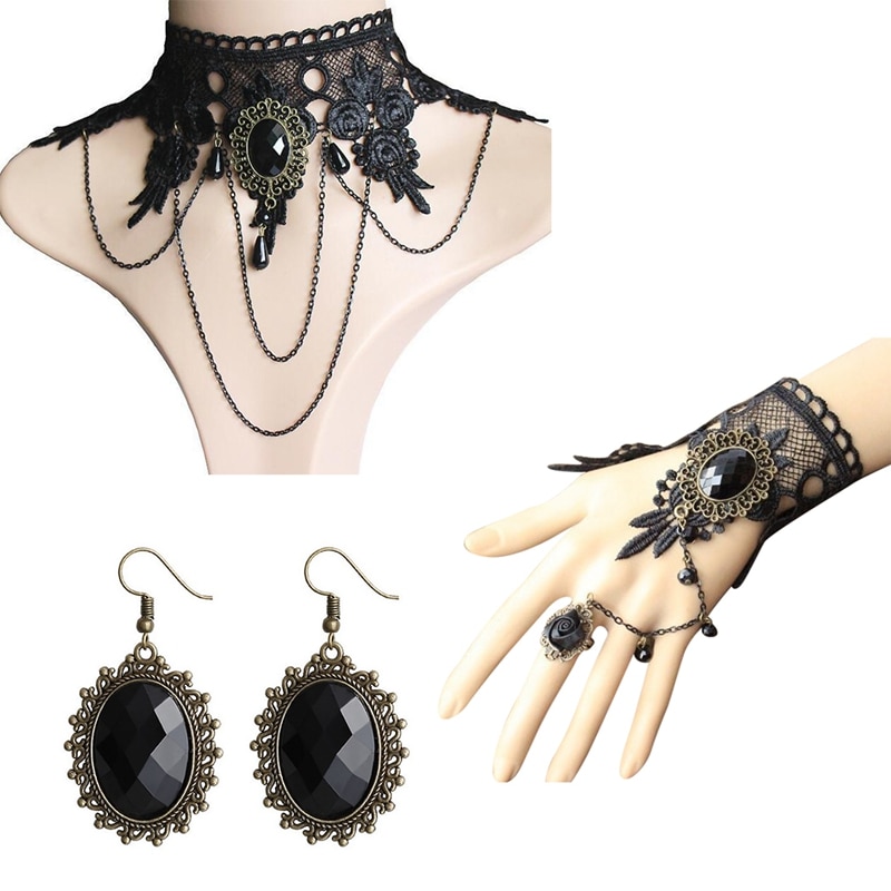 Boho Parure di Gioielli da Donna Vintage Gothic Orecchini Set di Halloween Dei Monili Delle Donne Set Collana Del Choker Del Merletto Anello della Mano Del Braccialetto Set: 1