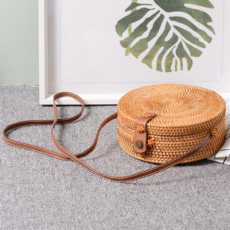 Bali Vintage Handgemaakte Crossbody Lederen Tas Ronde Strandtas Meisjes Cirkel Rotan Tas Kleine Bohemian Schoudertas