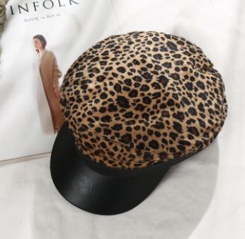 Style Leopard Print Hat Winter Cap Wool Hat Women Button Cap Casual Streetwear Fat Cap Autumn Berets Hat Cap: B