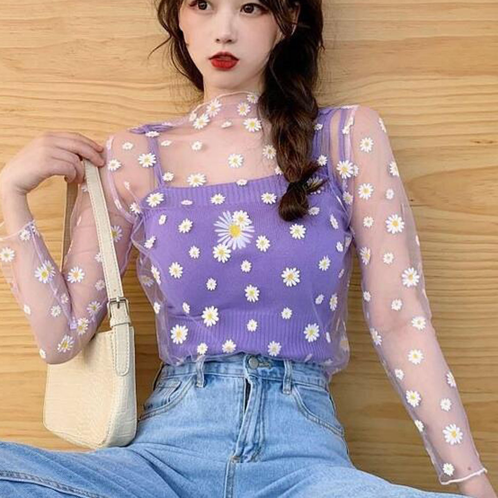 Tops transparentes de encaje con estampado de Margarita para mujer, camisetas sexis de manga larga, camisas de malla fina, Top de para mujer, blusa con protección solar de verano 2023: Morado