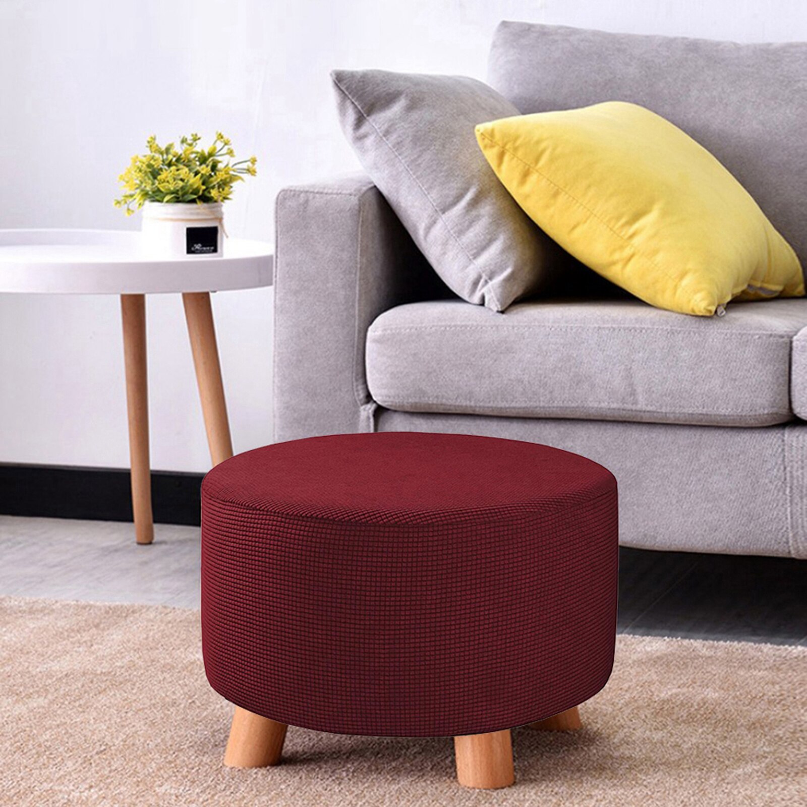 Ottoman Slipcovers Round Ottoman Footstool Cover Removable Machine Washable: Wine Red