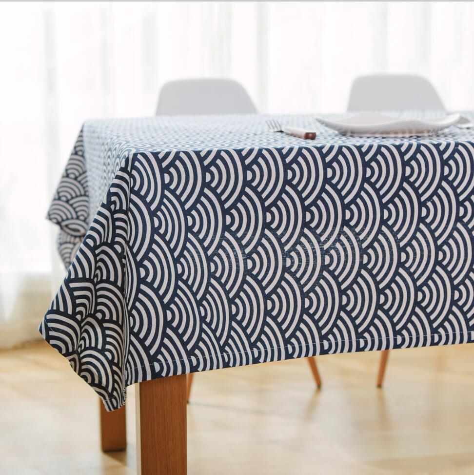 Mantel de algodón de estilo japonés con estampado geométrico azul oscuro, mantel de lino, cubierta de mesa, paño de salida, antependio