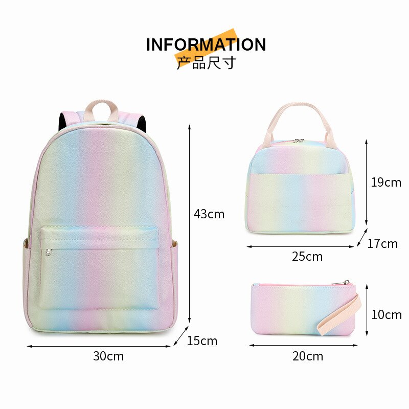 3 pcs/set rainbow gradient backpack women Waterproof Oxford back pack bagpack student backbag Composite Bag