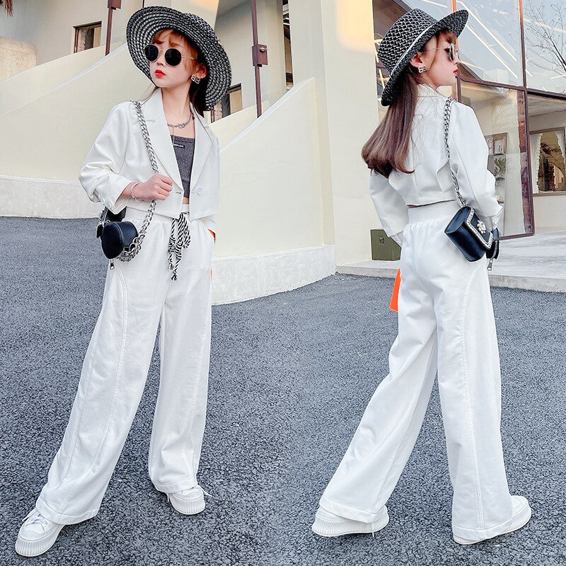 Meninas adolescentes ternos primavera verão 2022 conjunto colete jaqueta blazer calças 3 pçs terno branco para meninas roupas 10 12 13 14 y