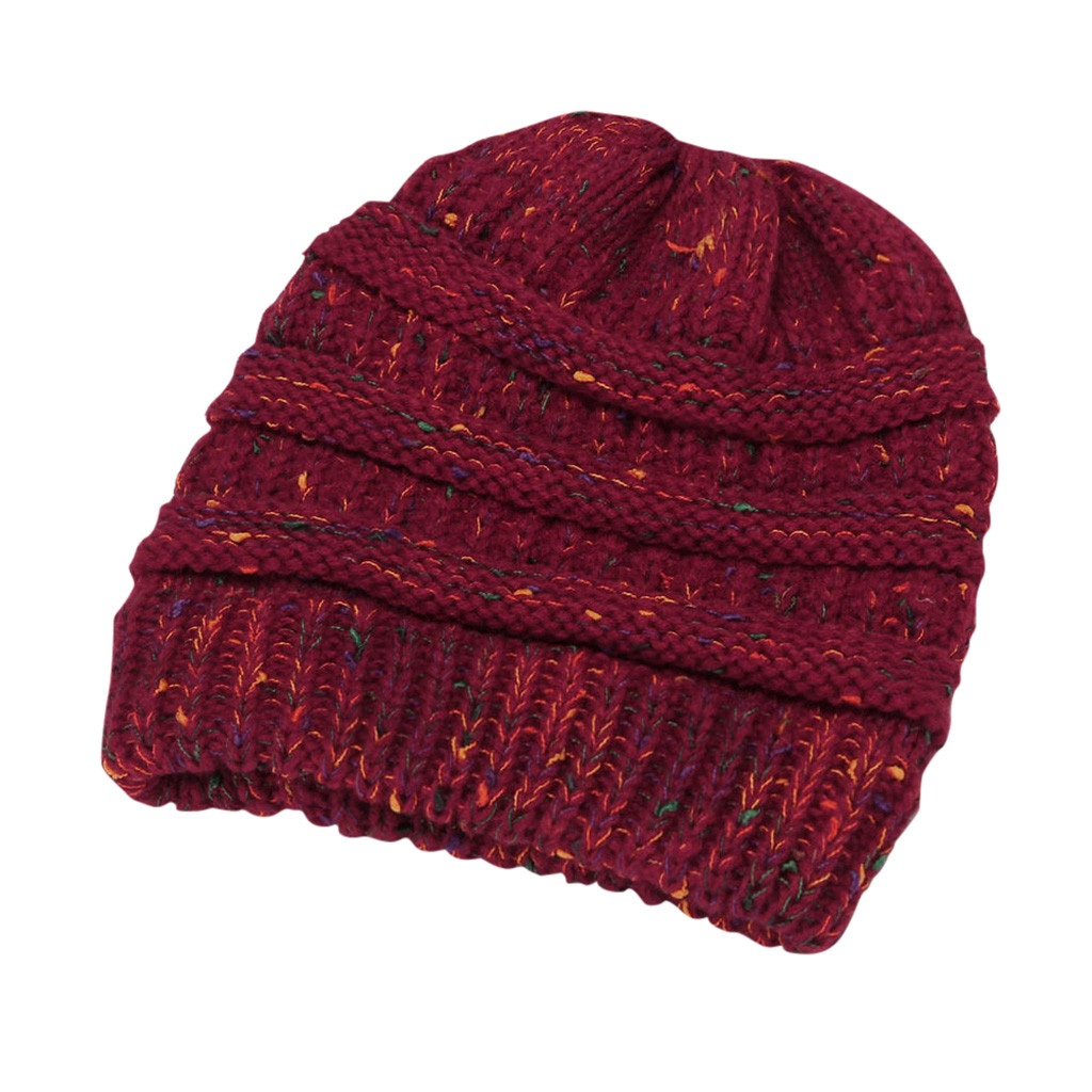 Ponytail Beanie Women's Girls Stretch Knitted Wool Crochet Hats With Label Caps Messy Bun Holey Warm Hat Winter Warm Cap Beanies: Red