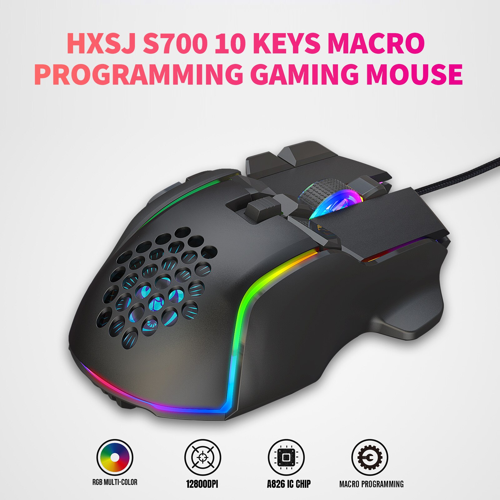 HXSJ S700 Mouse 10 Keys Wired Gaming Mouse Macro Programming Ergonomic Mice with 12800 DPI RGB Light Effect Gaming Mice for PC
