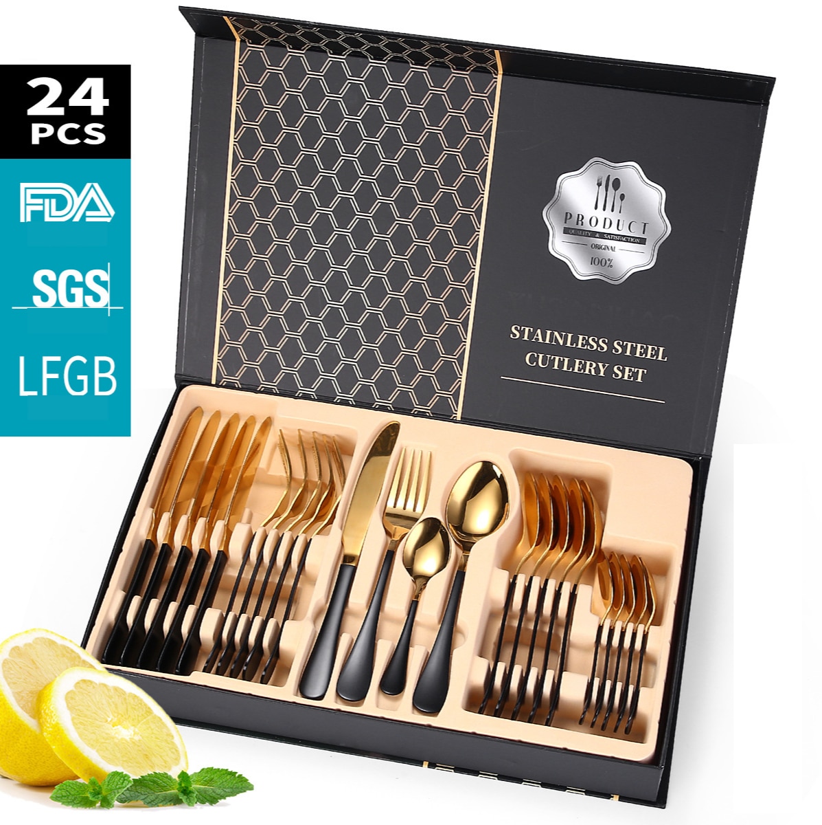 24 stk sort guld bordservice sæt gaffel ske kniv 18/10 rustfrit stål bestik sæt middagsstel sæt trækasse
