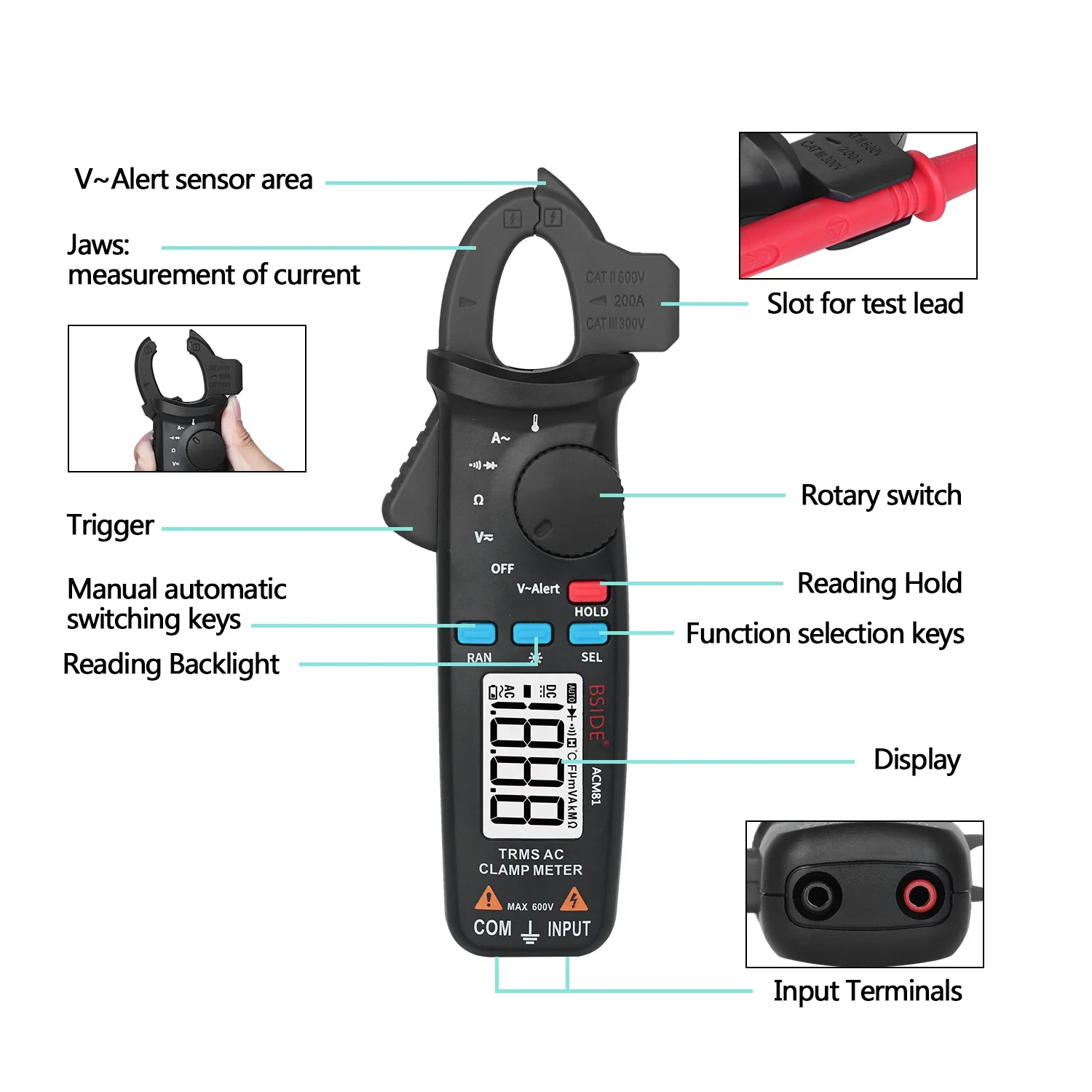 BSIDE Pinza amperometrica digitale Auto-Rang Vero RMS 1mA Precisione 200A Corrente DC AC Multimetro Vol Ohm Diodo Temperatura NCV Tester