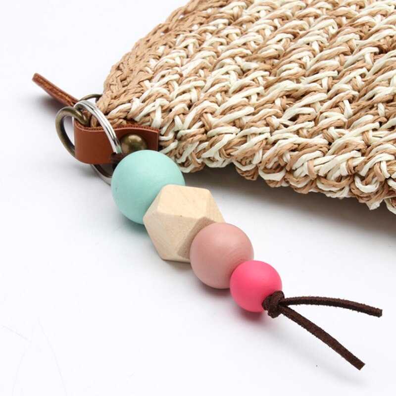 Multicolor Geometric Wood Beads Keychain For Bag Round Wooden Beads Keyrings Bag Accessories