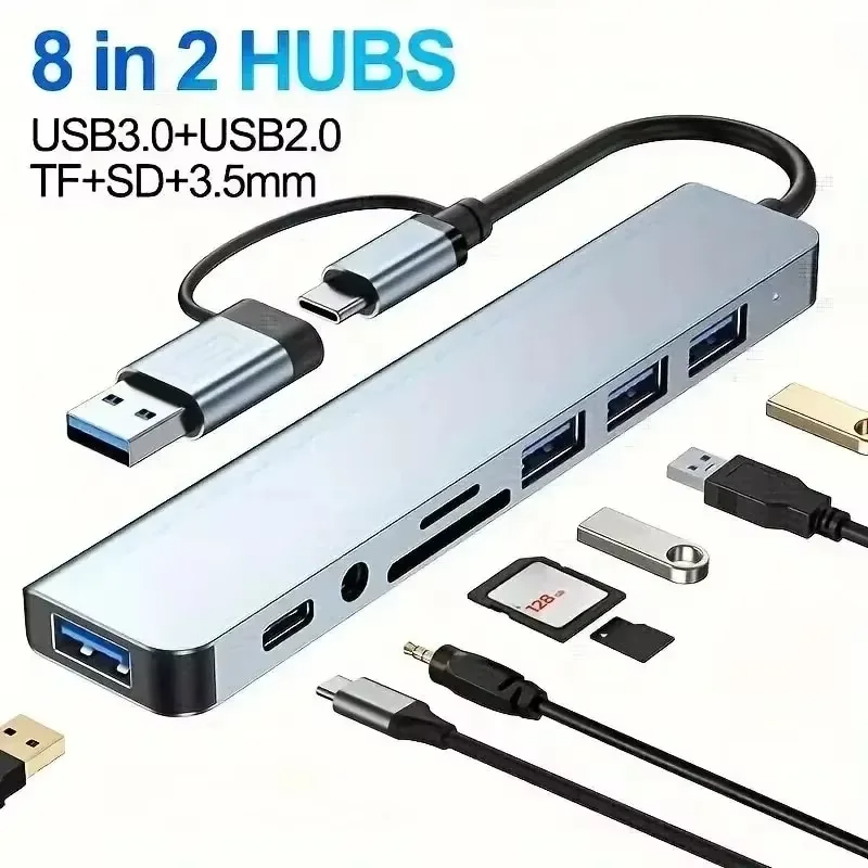 Usb c hub 8in1 7in2 7in1 tipo c 3.1 para 4k adaptador hdmi com leitor de cartão rj45 sd/tf pd carga rápida para macbook notebook portátil: Azul