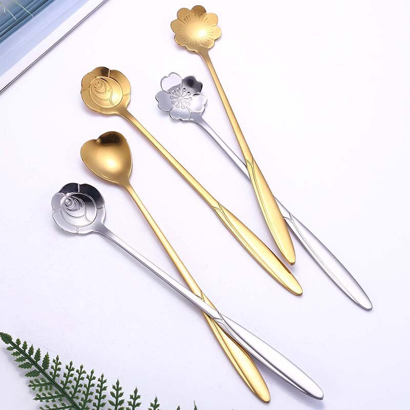 Acier inoxydable cerisier fleur cuillère créativité pétale longue poignée vaisselle mélange café crème glacée cuillères à café Gadgets de cuisine
