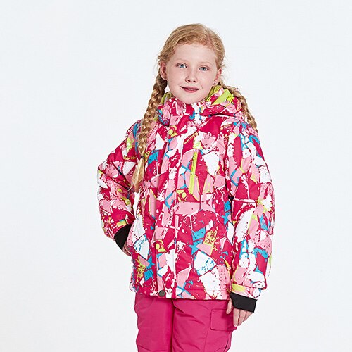 Enfants neige ski hiver veste de sport garçons filles vêtements de plein air à capuche imperméable à l'eau coupe-vent impression veste: Rose Red Geometry / 140