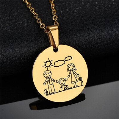 Lovely 316L Stainless Steel Family Necklace & Pendant For Mom Dad Son Daughter Love Cartoon Gold Color Link Chain Necklace: girl dad mom gold